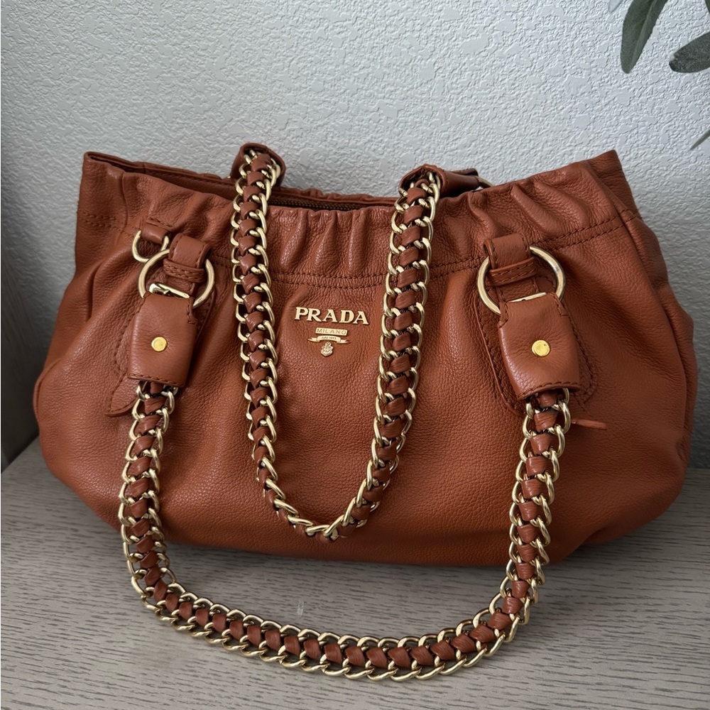 Prada Tan Leather Shoulder Bag with Gold Chain